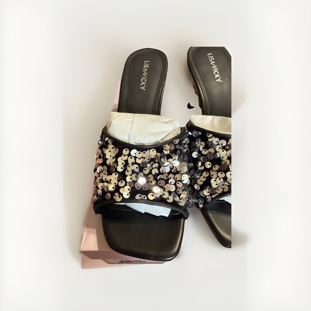 Lisa Vicky Pretty-V Black Slide Sandal Platinum Black Sequins Size 7 Heels - Picture 2 of 9